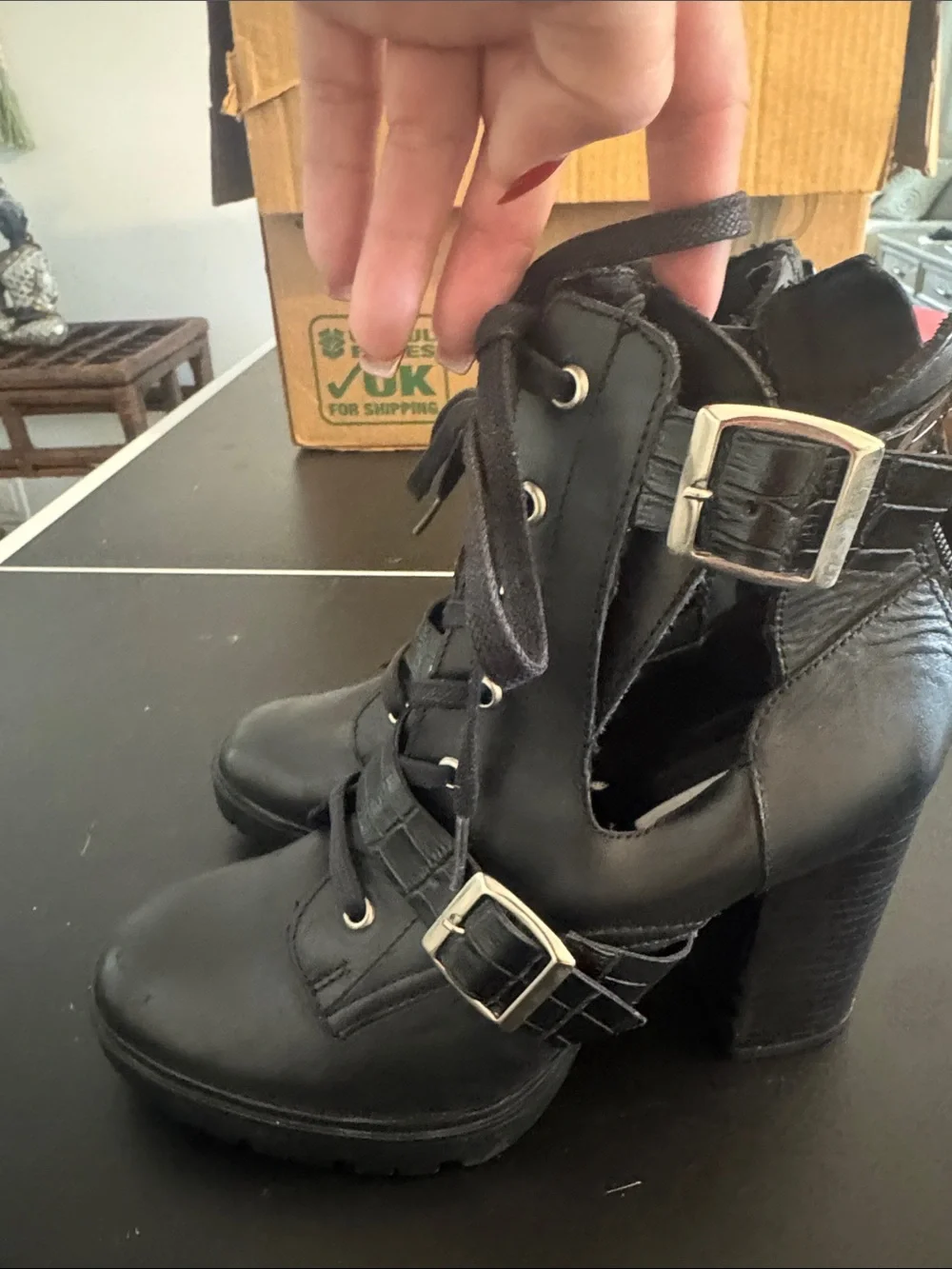 Steve Madden Black Lace-Up Heeled Ankle Boots with Buckles - Picture 5 of 7